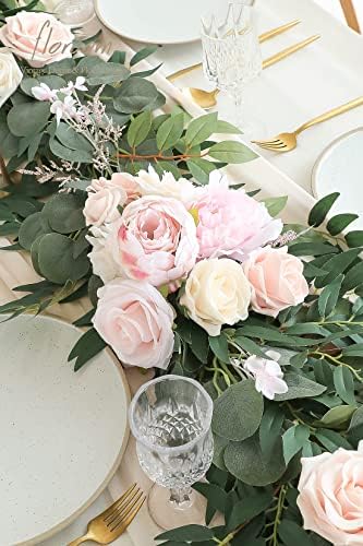 Floroom 6ft Artificial Eucalyptus Garland with Flowers Fake Greenery Faux Floral Vine Garland for Table Decor Wedding Centerpieces Bridal Shower Party Decorations, Blush & Cream - Image 4