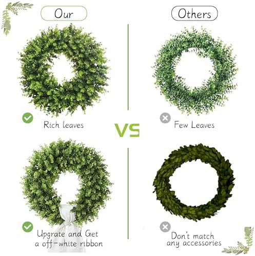Boxwood Wreaths for Front Door Artificial Green Spring Summer Wreaths Farmhouse Door Hanger,Year Round Door Wreath Wedding and St Patricks Day Decorations Indoor Outside use- with Off White sash-20 - Image 5
