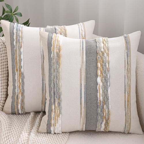 Boho Tufted Throw Pillow Covers 18x18 Set of 2 Yellow Gray by Tosleo