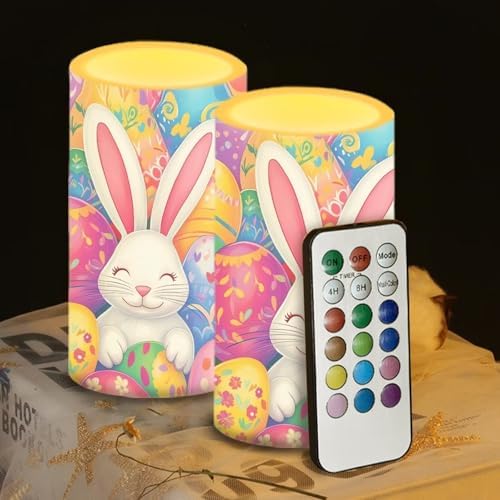 Easter Decorations Indoor Candles Rabbit Eggs Flameless Candles with Remote and Timer 2 Pack Battery Operated Easter Themed LED Candles for Festival Gift Home Room Decor by WelcometoLuarisgur