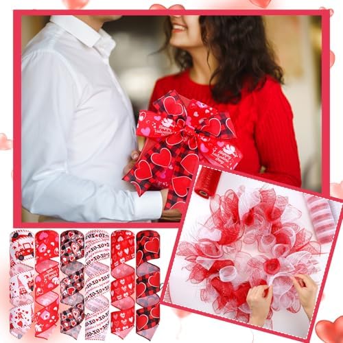 10 Pcs Valentine's Day Ribbon Including 4 Rolls Mesh Ribbon and 6 Rolls Heart Gnome Truck Wired Edge Wreath Metallic Wreath Wrapping Crafts for Valentine's Day Party Home Decorative DIY Craft - Image 5
