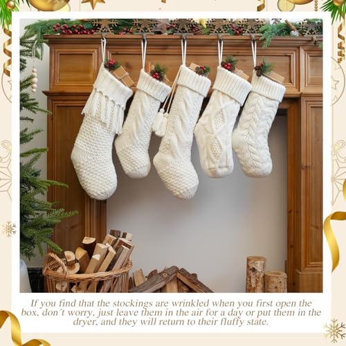 steo spce 5 Pack White Farmhouse Christmas Stockings – Rustic Boho Vintage Cable Knit Set, Includes 3 Small 15” and 2 Large 18” Knitted Stockings for Fireplace Mantel Hanging Holiday Décor - Image 5