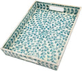 PEMAR Rectangular Mother of Pearl Serving Tray Nacre Wood Lap Ottoman Tray for Coffee Table, Luxury Decorative Handmade Eating Platters w Insert Handles (Teal Floral Pattern) by PEMAR