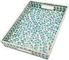 PEMAR Rectangular Mother of Pearl Serving Tray Nacre Wood Lap Ottoman Tray for Coffee Table, Luxury Decorative Handmade Eating Platters w Insert Handles (Teal Floral Pattern) by PEMAR