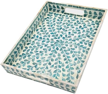 PEMAR Rectangular Mother of Pearl Serving Tray Nacre Wood Lap Ottoman Tray for Coffee Table, Luxury Decorative Handmade Eating Platters w Insert Handles (Teal Floral Pattern) by PEMAR