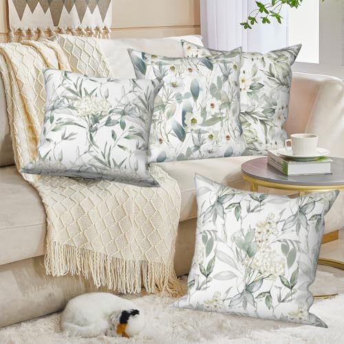4 Pcs/Set Flowers Pillow Covers Summer White Floral Green Leaves Plants Watercolor Natural Scenery Linen Throw Pillow Covers for Outdoor Couch Sofa Farmhouse Bedroom Decor, 26"x26" - Image 3