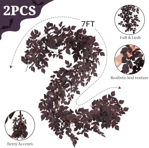 Fall Garland for Mantle, 2 Pack 7 Ft Plum Cimicifuga Seeded Leaf Garlands - Image 3