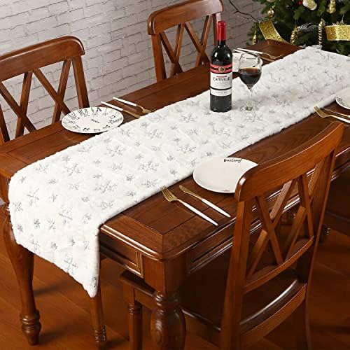 Faux Fur Christmas Table Runner with Silver Sequin Snowflakes, White Super Soft Thick Luxury Table Decoration for Holiday Xmas,15x70 Inch - Image 2