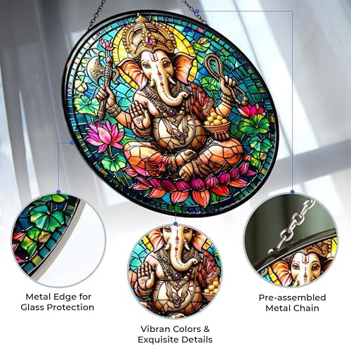 Diwali Ganesh Elephant God Stained Glass Suncatcher Window Hangings, Indian Decor, Diwali Wall Hangings, Wall Decorations for Home 9.8" - Image 3