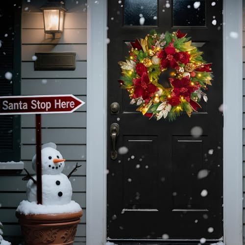 Christmas Wreaths for Front Door, Soomeir 24 Inch Outdoor Christmas Wreath with Lights, Large Prelit Wreath for Holiday Winter Window Outdoor Indoor Xmas - Image 4