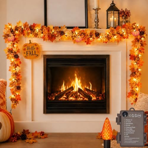 3Pack 10Ft Lighted Fall Garland with Battery Operated C6 Orange Lights, Extra Long Maple Leaf Garland with Pumpkin Wood Signs, Pinecones & Yellow Berries, Thanksgiving Autumn Decor Indoor Outdoor by DolunvoLLC