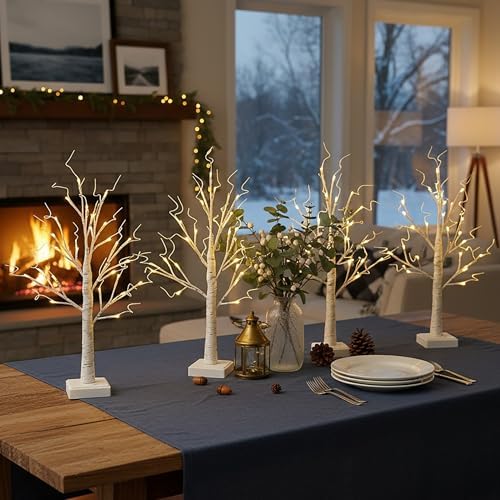 4 Pack Lighted Trees for Indoor Decor with Timer, 24 LED 2FT White Light up Birch Tree Tabletop Lamp for Birthday Thanksgiving Wedding Decor, Small Christmas Tree with Lights - Image 2