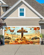 16X7Ft Fall for Jesus Garage Door Cover Banner Decorations, He Never Leaves Thanksgiving Backdrop Garage Door Autumn Backdrop Wall Decorations for Outdoor Home Yard Decor Party Photo Backgrounds by JAWO