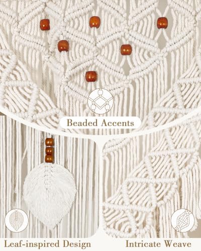 BECHAEO Boho Macrame Curtain with Leaves Tassels, 2PCS 39" x 79" White C - Image 6