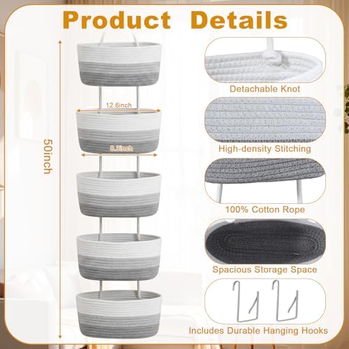 5 Tier Over The Door Hanging Basket, Boho Woven Cotton Wall Mounted, Grey - Image 4