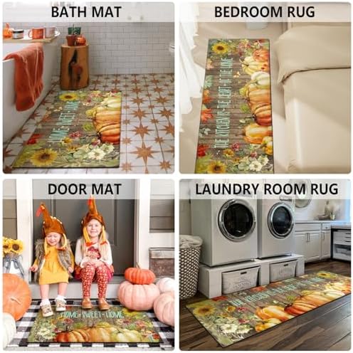 Fall Thanksgiving Pumpkin Kitchen Rugs Set of 2, Hello Pumpkins and Sunflowers Thankful Farmhouse Floor Mats and Rugs Non Skid Washable for Kitchen Home Decor (17"x47"+17"x30") - Image 5