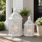 Lanterns Decorative Outdoor&Indoor, Set of 2 (15"&7") White Metal Lantern Decor, Candle Holder for Porch, Patio, Christmas, Balcony, Wedding, Table Centerpiece - Image 4