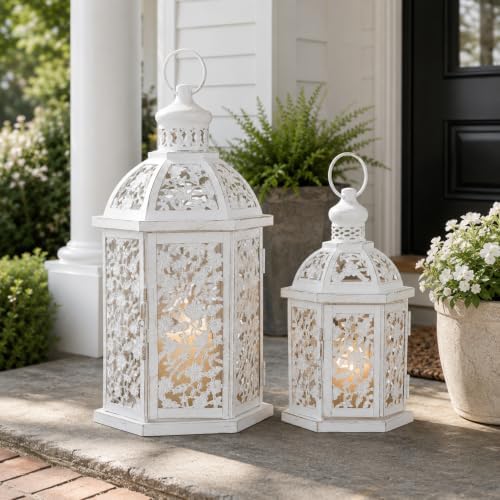 Lanterns Decorative Outdoor&Indoor, Set of 2 (15"&7") White Metal Lantern Decor, Candle Holder for Porch, Patio, Christmas, Balcony, Wedding, Table Centerpiece - Image 4