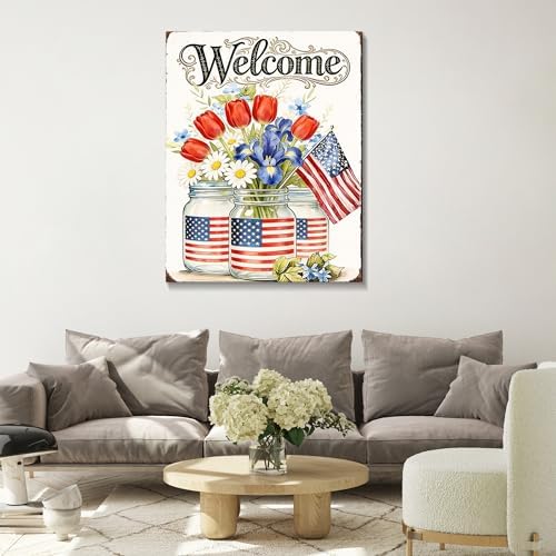 HomeifHue July 4th Patriotic Canvas Wall Art 4th of July USA Decorations American Flag Painting Picture Patriotic Floral Mason Jar USA Flag Poster Independence Day Home Decor(F1 16x24in) - Image 2