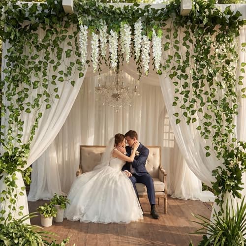 Zeyune 24 Pcs Wisteria Artificial Flowers Garland Includes 6.8 ft Artificial Wisteria Hanging Flowers 3.6 ft Fake Vines Green Pothos Leaves for Garden Outdoor Wedding Arch Decoration (White) - Image 4