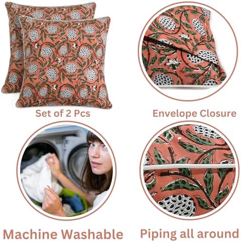 Ridhi Block Print Dark Salmon Pink Pillow Cover 20" x 20" (Pack of 2) Decorative Couch Pillows for Living Room, Chic Boho Cute Outdoor Pillows Covers Gifts for Spring, Easter and Valentine - Image 3