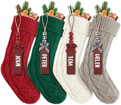 4PACK 18Inch Cable Knitted Personalized Christmas Stockings for Mantel and Tree Decor, Red, Green, White, Gray with Customizable Wooden Tags by LumaBria