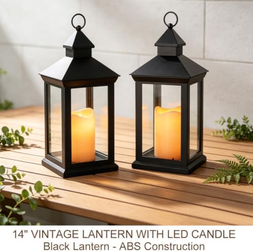 2-Pack 14" Decorative Candle Lantern Black Outdoor Lanterns with Timer Candles - IP44 Waterproof Vintage Lanterns Battery Powered LED Decorative for Wedding - Warm White Hanging Wall - Image 2