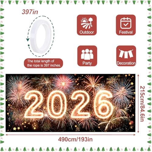 2026 New Year Garage Door Banner 7x16FT, Neon Glow 2026 Fireworks Garage Door Cover, Large Outdoor Happy New Year Decoration Backdrop for Garage Door, Fence, Yard, Party Photo Booth - Image 4
