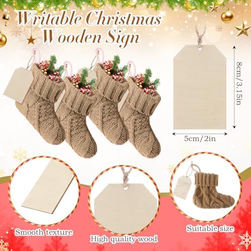 Suhine 36 Set Mini Christmas Knitted Stockings 6'' Neutral Christmas Stocking Rustic Modern Farmhouse Xmas Tree Decor with Wooden DIY Tags Gifts Bulk for Holiday Mantel Party Favor(Khaki) - Image 3