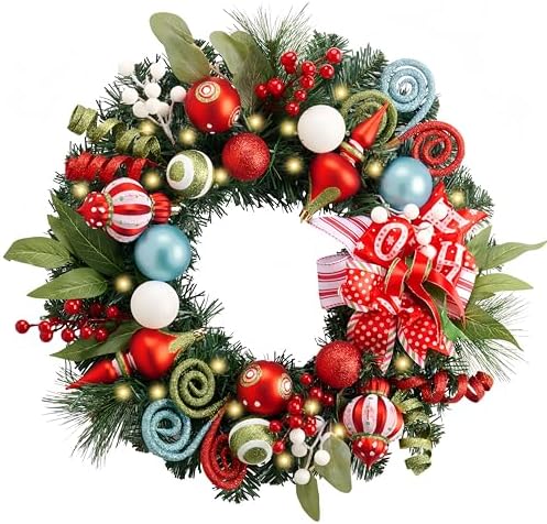 Valery Madelyn 18" Pre-Lit Candy Christmas Wreath for Front Door with Light by ValeryMadelyn