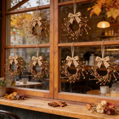 12 Pcs Small Fall Hanging Wreaths with Artificial Acorns Autumn Yellow Orange Berry Buds Mini Cabinet Wreath for Home Table Centerpieces Kitchen Farmhouse Thanksgiving Party Decor - Image 6