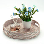16.9" Round Rattan Tray, Hand Woven Serving Tray with Handles, Wicker Serving Basket, Decorative Tray for Home Decor, Whitewash - Image 4