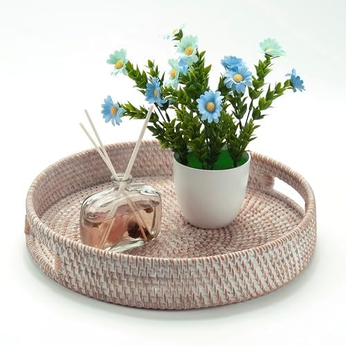 16.9" Round Rattan Tray, Hand Woven Serving Tray with Handles, Wicker Serving Basket, Decorative Tray for Home Decor, Whitewash - Image 4