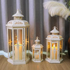 JHY DESIGN Set of 3 Decorative Candle Lanterns 20''&14"&10" H Outdoor Candle Lanterns Vintage Metal Cand leholder for Indoor Outdoor, Events, Parities and Weddings(White with Gold Brush) - Image 5