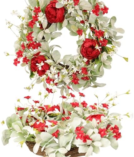 20 Inch Red Peony Wreath for Front Door, Romantic Lambs Ear Greenery with White Flowers, Elegant Wedding Decor, Spring Summer Artificial Floral Wall Accent by Pudate