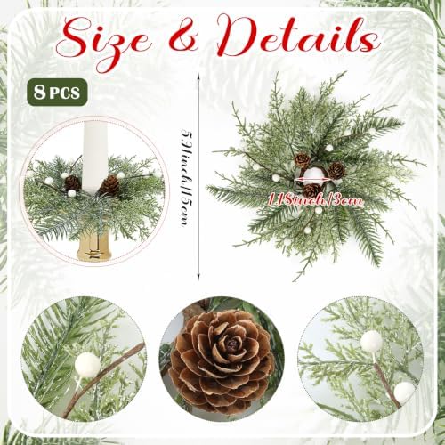 8 PCS Christmas Pine Taper Candle Rings Wreaths 1.38" Mini Norfolk Cedar Taper Candle Holder Wreaths Candle Rings with Berry Pinecones for Xmas Winter Church Home Table Centerpiece Candlesticks Decor - Image 3