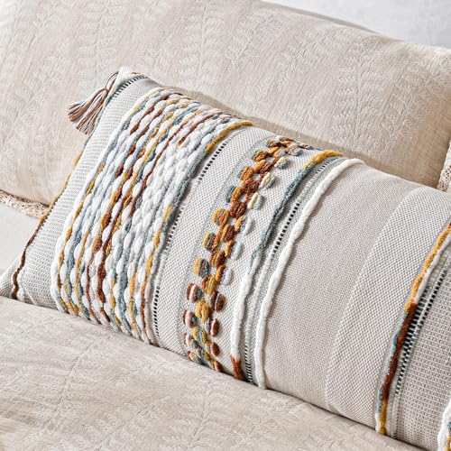 AmHoo Chenille Striped Textured Boho Throw Pillow Covers Aesthetic with Tassels Woven Decorative Pillow Case for Couch Bed Sofa Bedroom Modern Funky 14 x 36-Inch Brown - Image 4