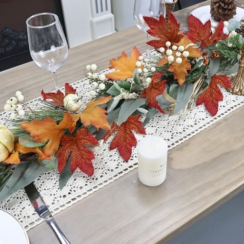 Realistic Fall Garland for Mantle 6 Ft Fall Maple Leaves Garlands with Lights/Timer Pumpkin Garland for Thanksgiving Outdoor Indoor Table Fireplace Autumn Decor Fall Decorations for Home Porch - Image 4