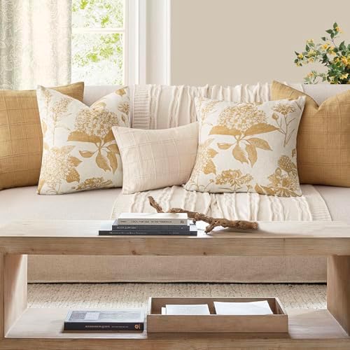 Foindtower Set of 2 Linen Floral Vintage Throw Pillow Covers Neutral Accent Print Decorative Cozy Cushion Covers Farmhouse Home Decor for Sofa Chair Couch Bed Living Room,24×24 Inch,Light Yellow - Image 6