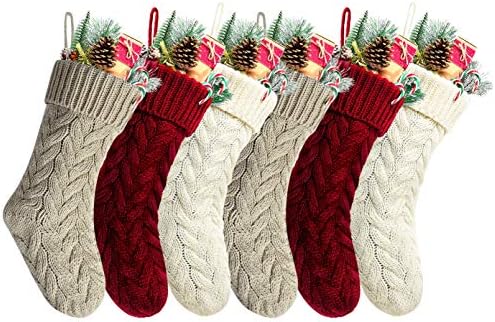 18" Unique Burgundy and Ivory White and Khaki Knit Christmas Stockings Style3,Pack 6 by Kunyida