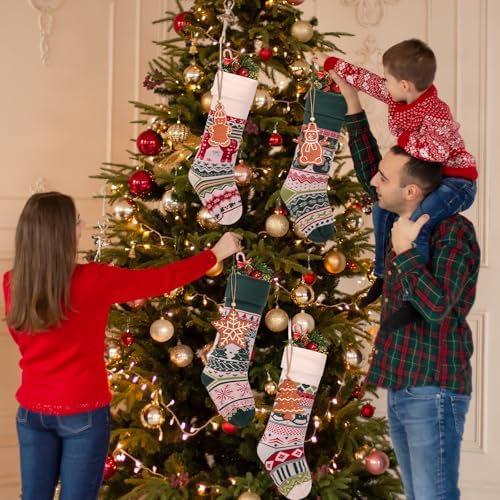 Christmas Stockings 4 Pack, 21 Inch Large Family Christmas Stocking, White and Green Gingerbreadman Tree Xmas Stocking for Fireplace,Christmas Decorations - Image 4