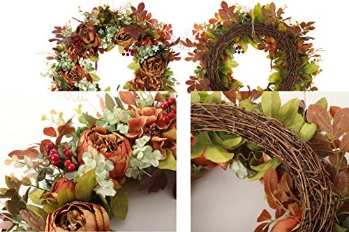 Fall Wreath for Front Door Artificial Peonies Autumn Winter Wreaths for Front Door Outside Wall Or Window Décor (Brown) - Image 2