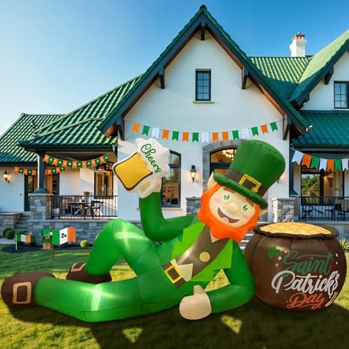 OurWarm 9FT St. Patrick's Day Inflatables Outdoor Decorations, Inflatable Leprechaun Holding Beer Leaned On A Pot of Gold, St Patricks Day Blow Up Inflatable for Yard Lawn Garden Holiday Party Decor - Image 2