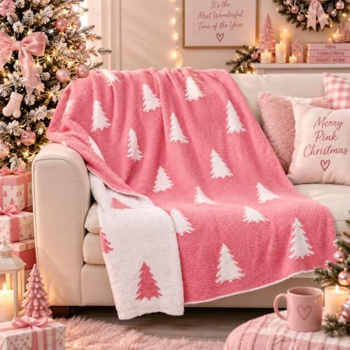 Buryeah Knit Throw Blanket, 50 x 60 Inch Reversible Knitted Throw Blanket, Cozy Soft Lightweight Gift for Couch Sofa Bed(Pink and White,Christmas Tree) - Image 6