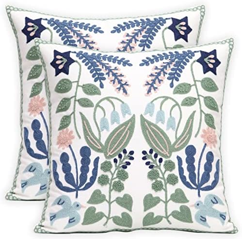Pack of 2 Embroidered Decorative Throw Pillow Cover 18x18 Inch Farmhouse Floral Pillowcase for Living Room Sofa Bed (Bird Flower) by Pilmandu