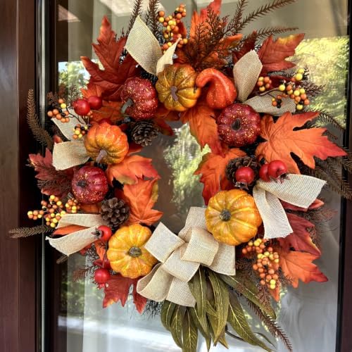 24 Inch Fall Wreath for Front Door, Autumn Harvest Outdoor Decoration - Image 5