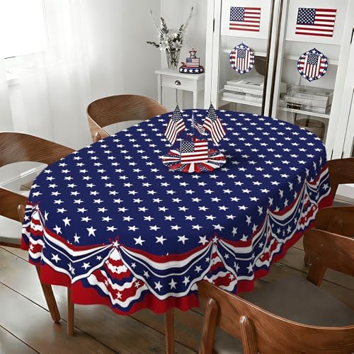 Oval 4th of July Tablecloth 60x102 Inch, Patriotic Red White and Blue Table Cloth, Polyester Waterproof Wrinkle Resistant Independence Day Table Cover for Memorial Day Decorations Decor by Unknown