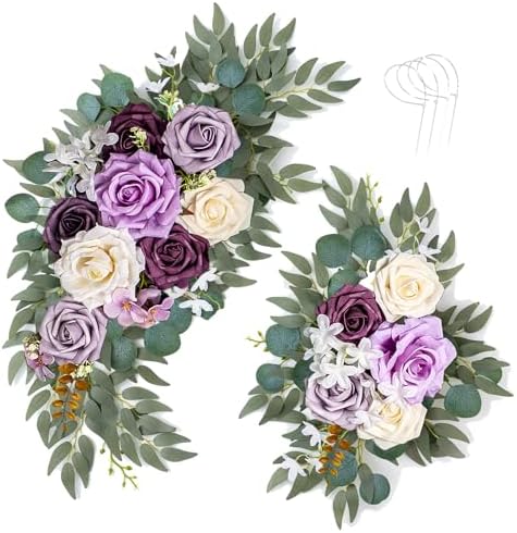 AitnWoy Artificial Wedding Arch Flowers Kit 2 PCS Dust Rose Flowers Silk Peony Floral Swag Welcome Sign for Wedding Ceremony Party Home Garland Decor (Purple) by AitnWoy