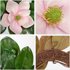 24" Artificial Wreath for Front Door Pink Magnolia Wreath Greenery for Easter Spring Housewarming Wedding Farmhouse Mantel Door Decoration - Image 2