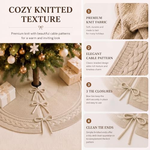 Hollowfly 48 Inch Khaki Christmas Tree Skirt for 7.5ft Tree Cable Knitted - Image 3